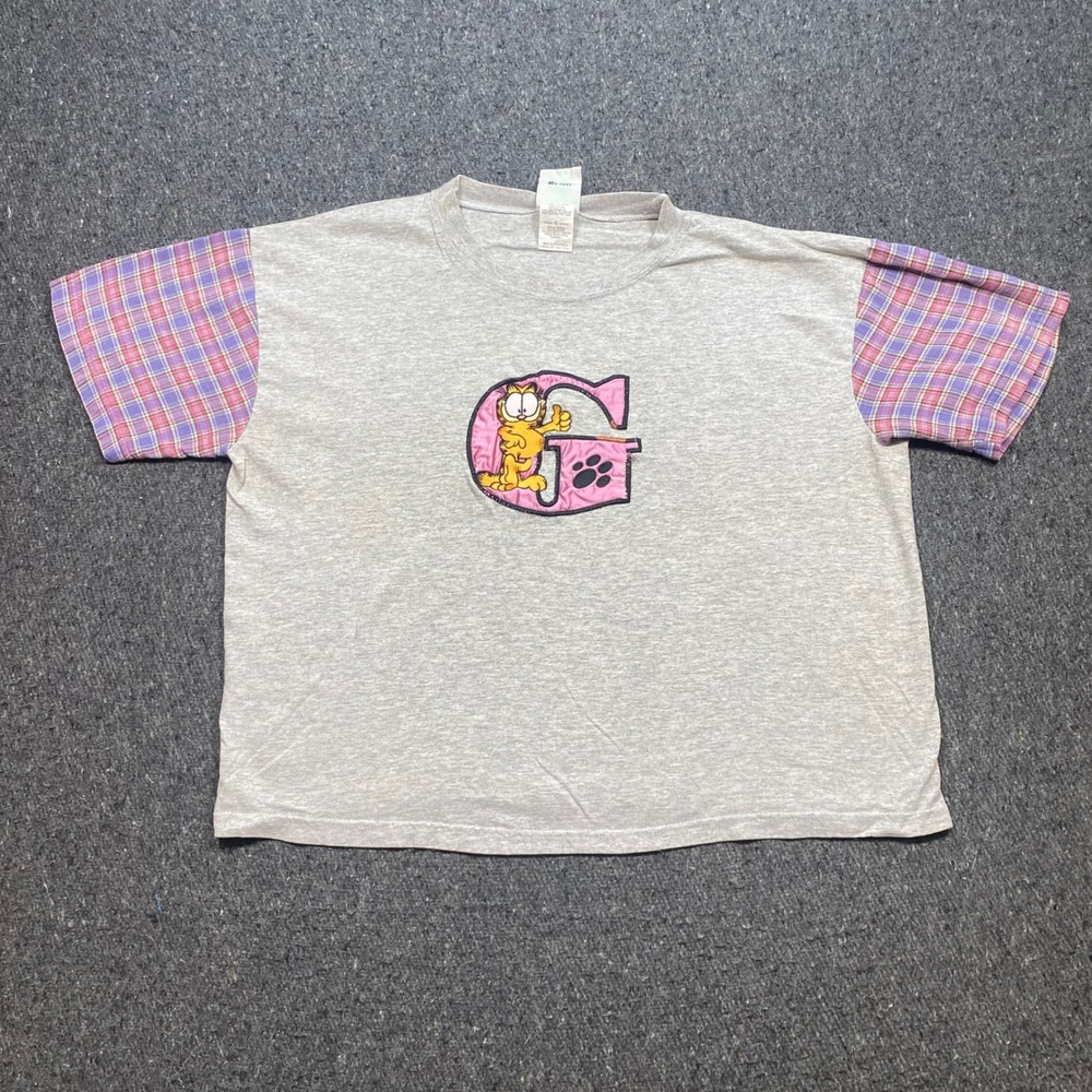 Garfield Graphic Shirt Sz L Womens Gray Plaid Sleeve 90s Skater Retro Streetwear